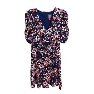Vince Camuto Dress Women Size 4 Navy Pink Floral Multicolor Fit Flare Ruching